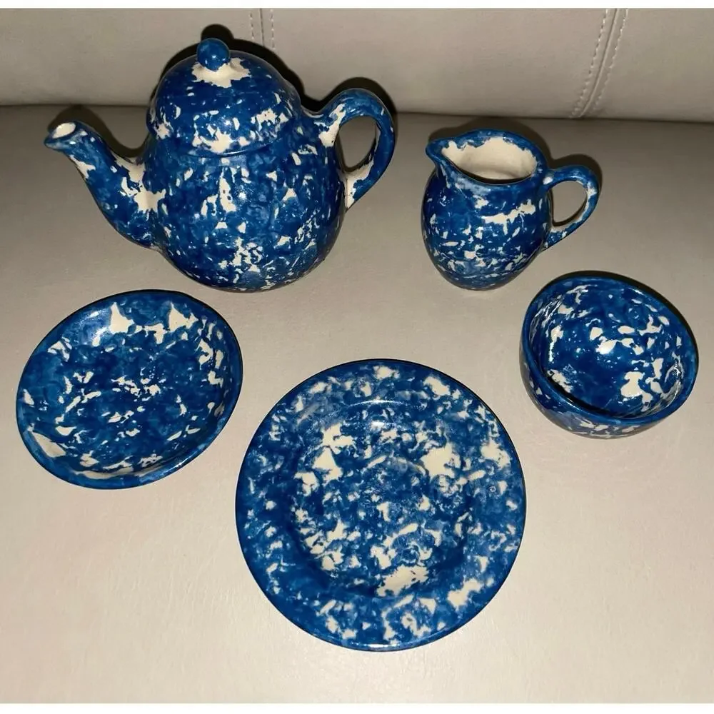 Rare 1987 Signed Barb Hall Miniature 5pc Blue Spongeware Tea Set 